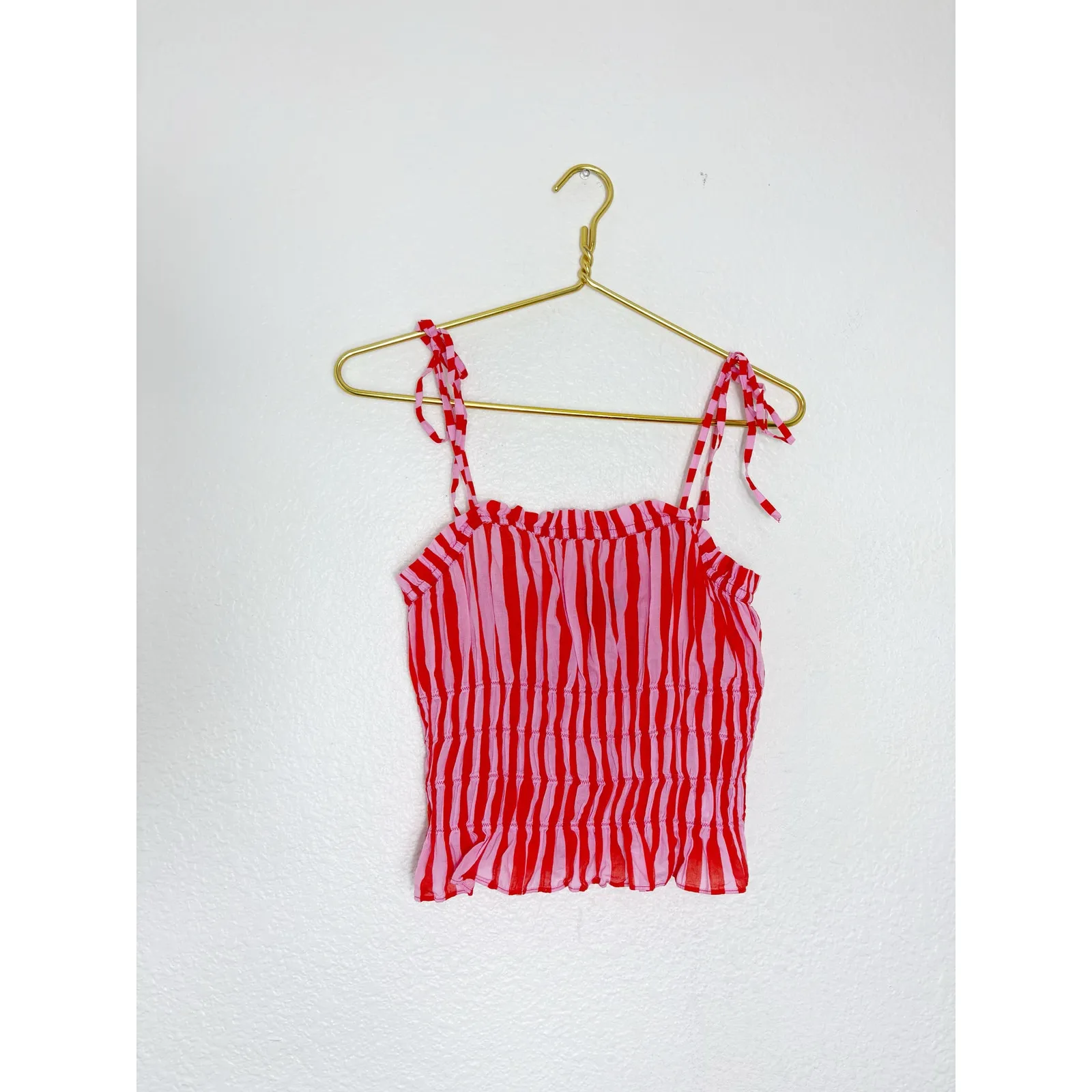 J. Crew Smocked Cotton Voile Top Stripe Size XS Red Pink Tie Straps Vday - Image 4