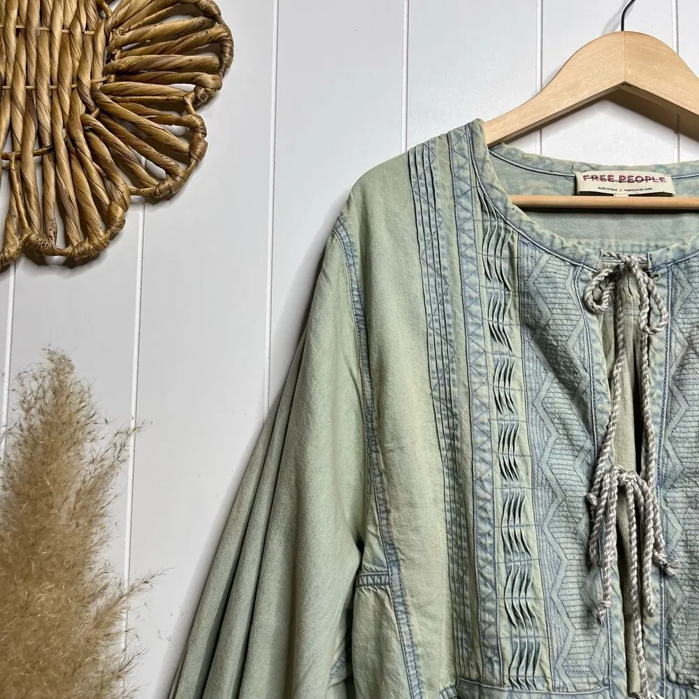 Free People mini dress denim or jacket pleated cover-up cotton linen blend - Image 2