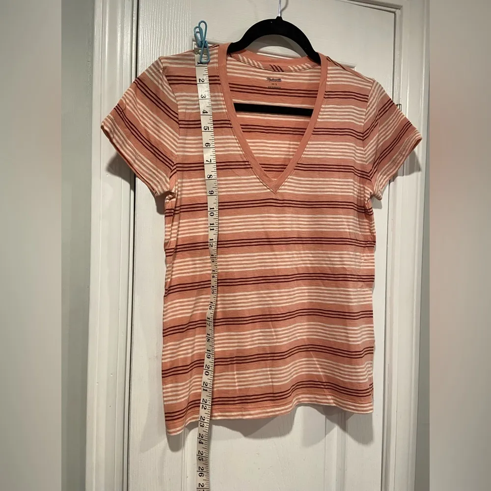 NWOT Madewell Size S Burgundy Pink Striped V Neck Short Sleeve Cotton Tee Shirt - Image 8