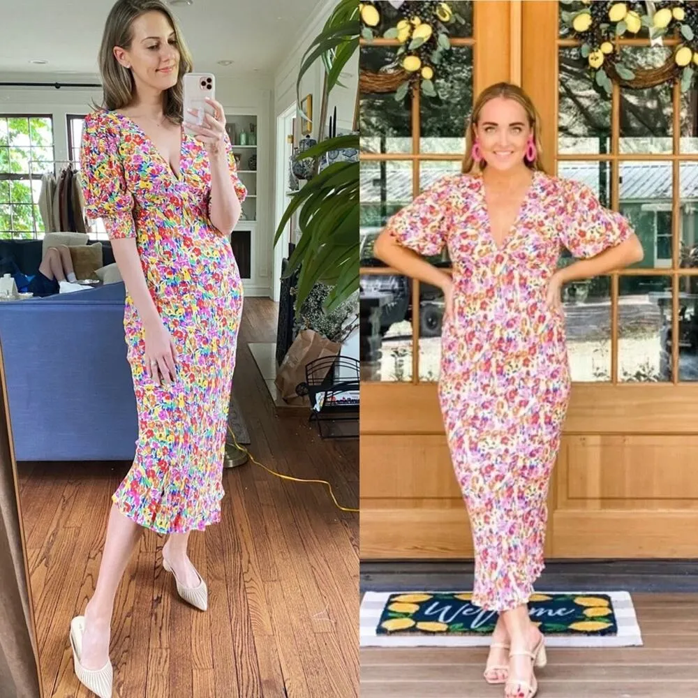 Rixo x target puff sleeves floral‎ spring midi dress size 2 Red - Image 2