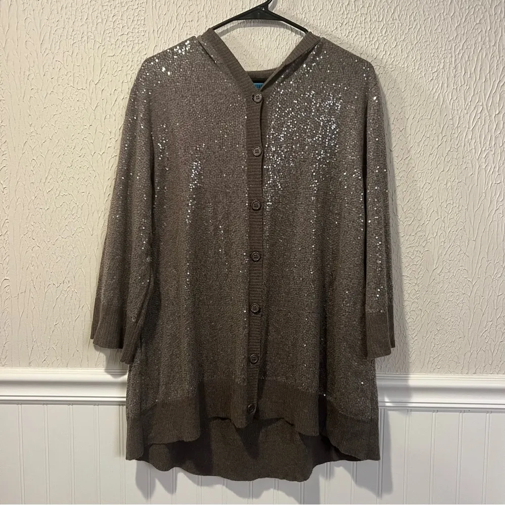 Alice & Olivia Brown Taupe Sequin Hooded Cardigan size large - Image 3