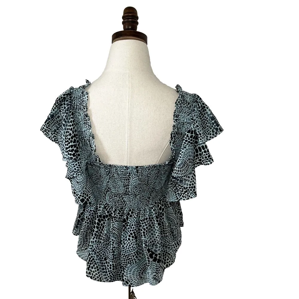 Cinq A Sept‎ Anabelis Smocked Ruffle Top Blue Sz Medium Square Neck Animal Print - Image 3