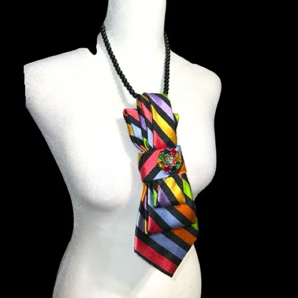 “Dainty Dapper” Colorful Striped Necktie Necklace w/ rhinestone attached brooch Black - Image 5