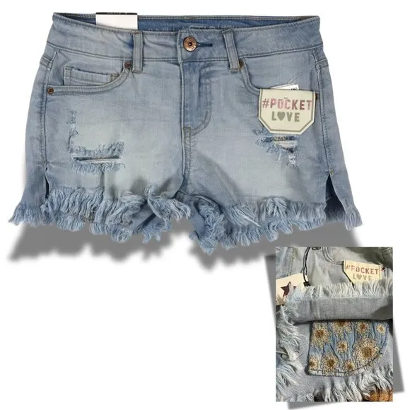 VANILLA STAR Distressed Light Blue Embroidered Pocket Hi-Low Jean Shorts 0 - Image 2