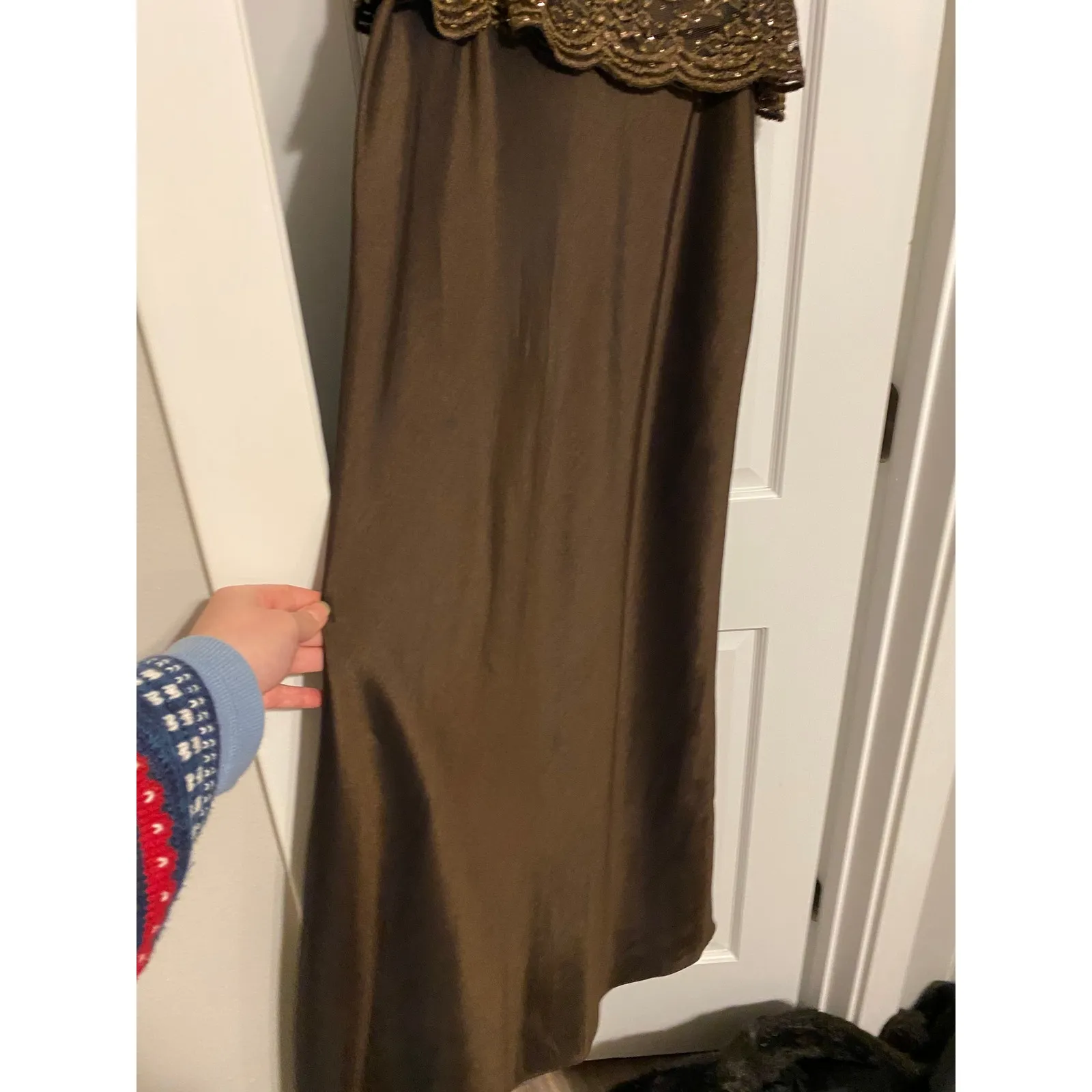 Vintage 1990s Lace Satin Brown Formal Evening Gown Dress 10 Femme Formal Y2K L - Image 3