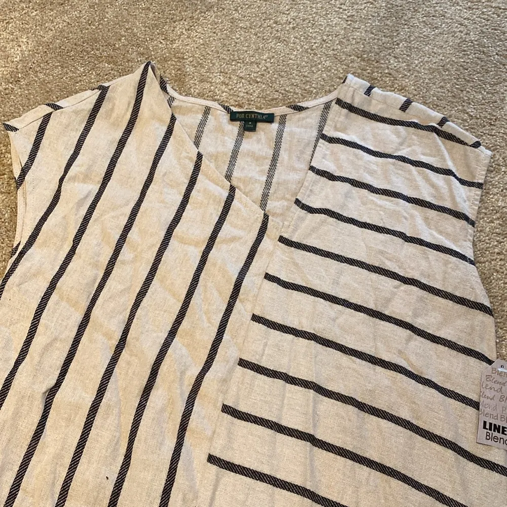 For Cynthia Linen Blend V Neck Cap Sleeve Asymmetrical Tan Black Stripe Dress S - Image 5