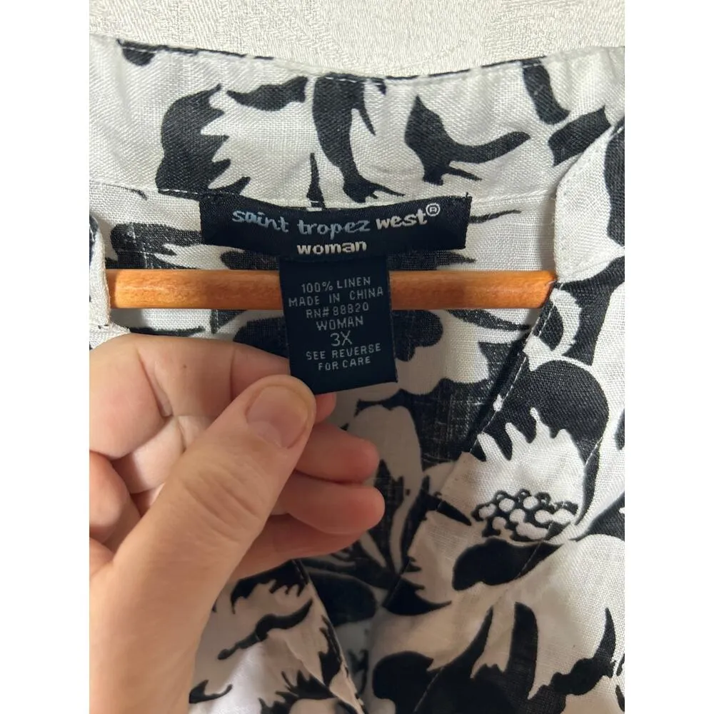 Saint Tropez West 3X Linen Button Up White Black Floral Tropical Hawaiian Cuff - Image 6