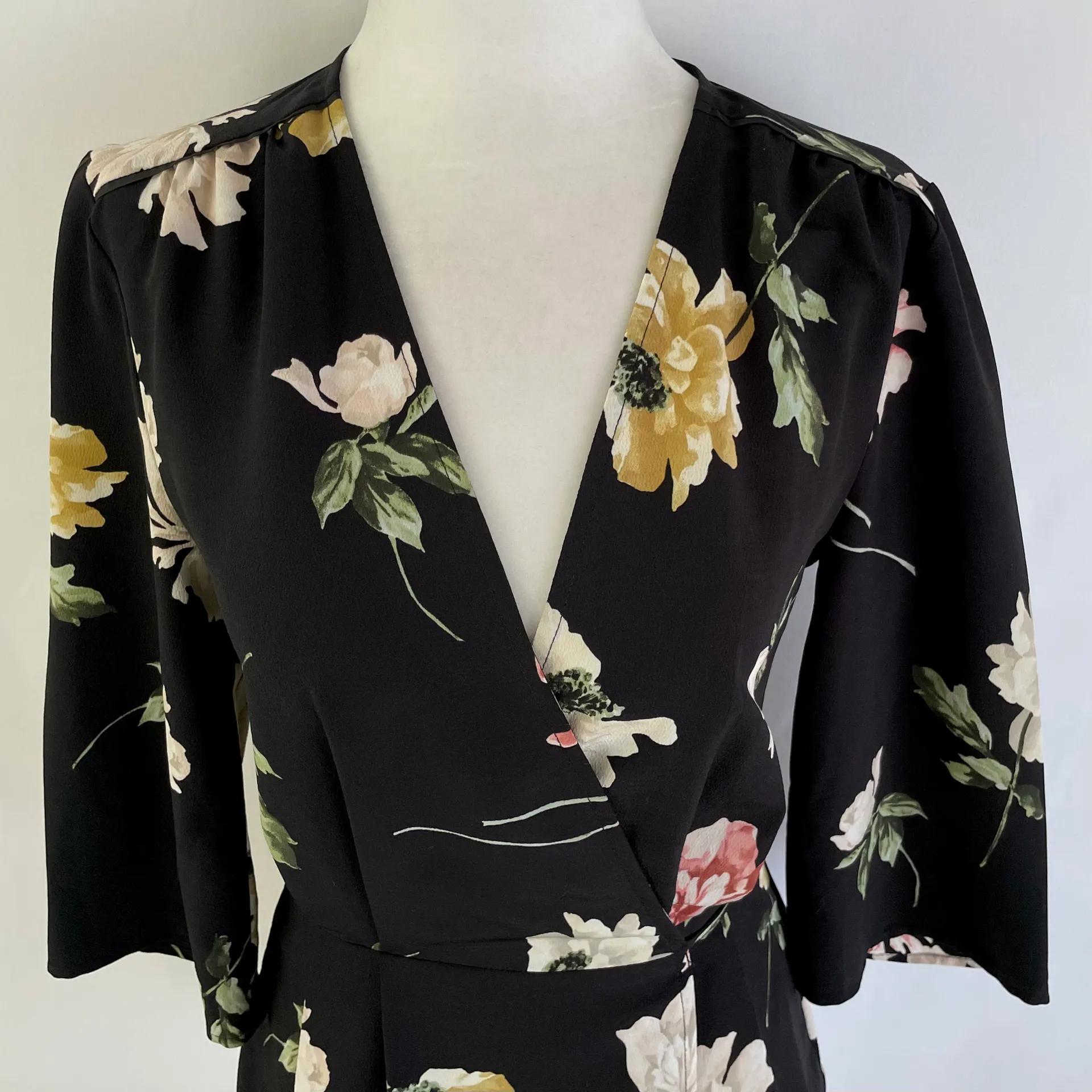 Floral Print Elbow Sleeve Wrap Blouse Black Multi Size 4 - Image 7