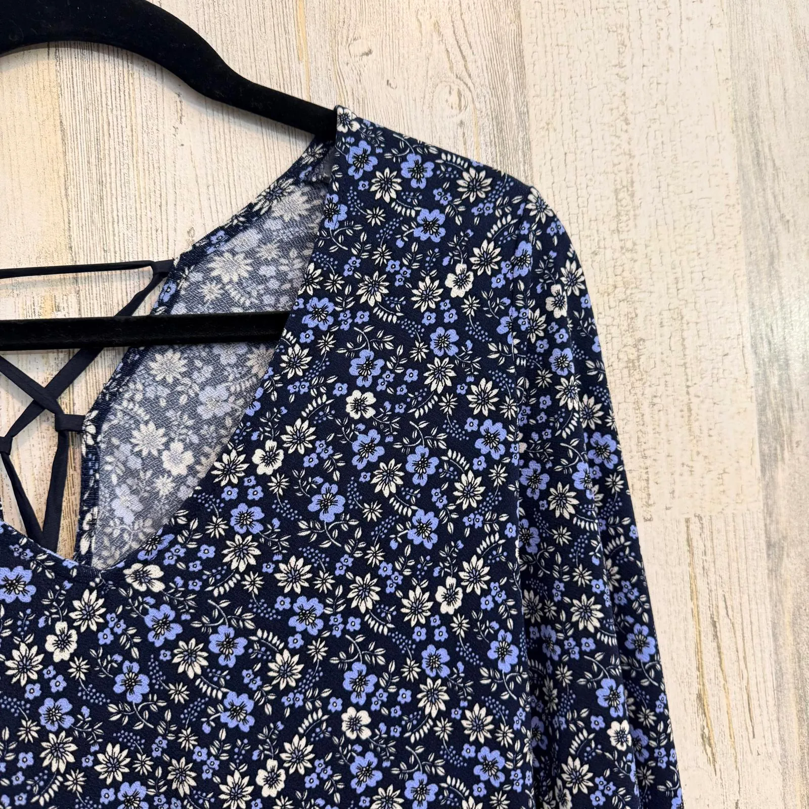 Floral Long Sleeve Babydoll Dress Boho Cottagecore Blue White Women's XL Stretch - Image 6