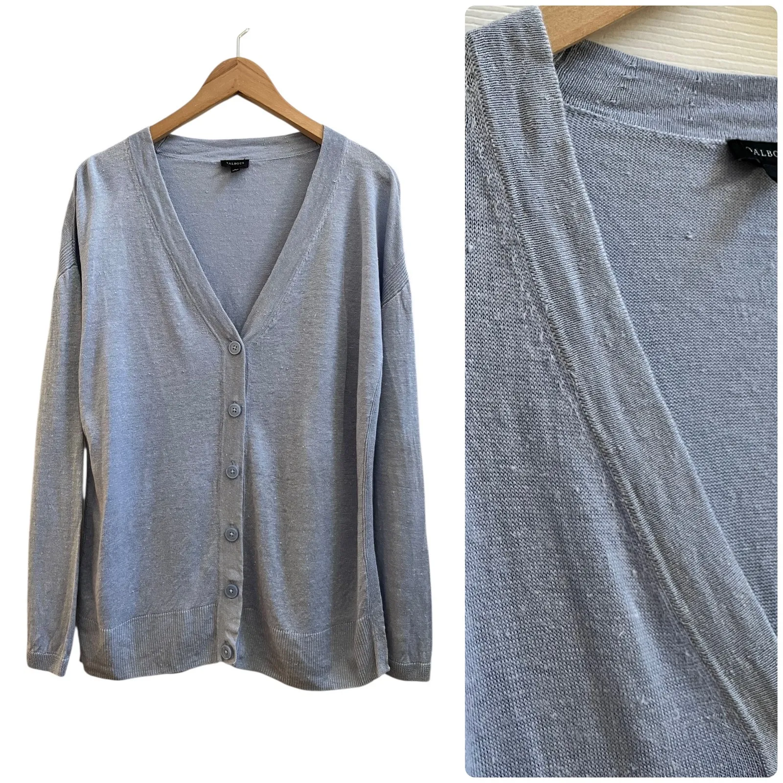 Talbots Powder Blue Linen Side Slits Cardigan Size Medium Lightweight - Image 2