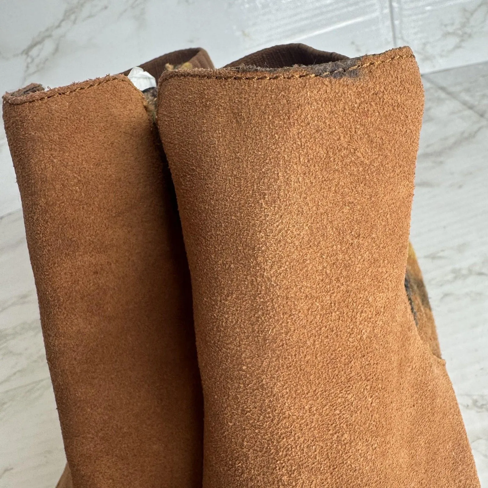 TOMS Boots Womens Size 9 Brown Suede Wedge Ankle Booties Plaid Panel Side Zip - Image 4