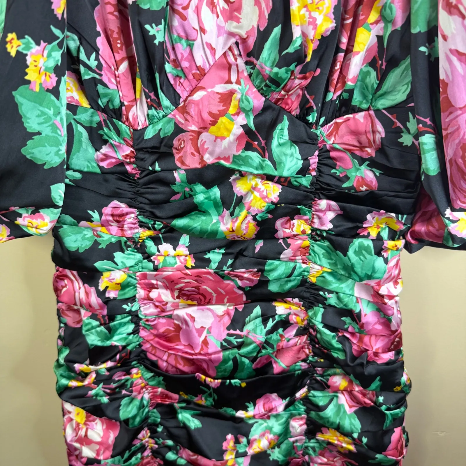 For Love & Lemons Jolie Puff Sleeve Floral Print Ruched Mini Dress Black Pink M Size M - Image 4