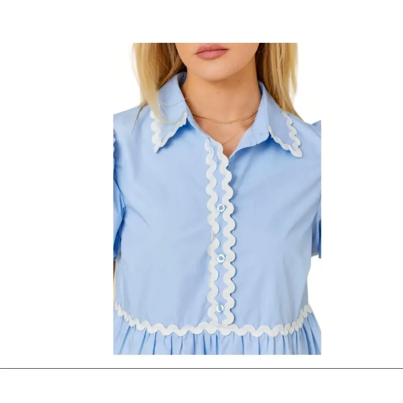 Mainstrip Puffed Sleeve Ric Rac Trimmed Solid Mini Dress‎ Blue Size Large - Image 2