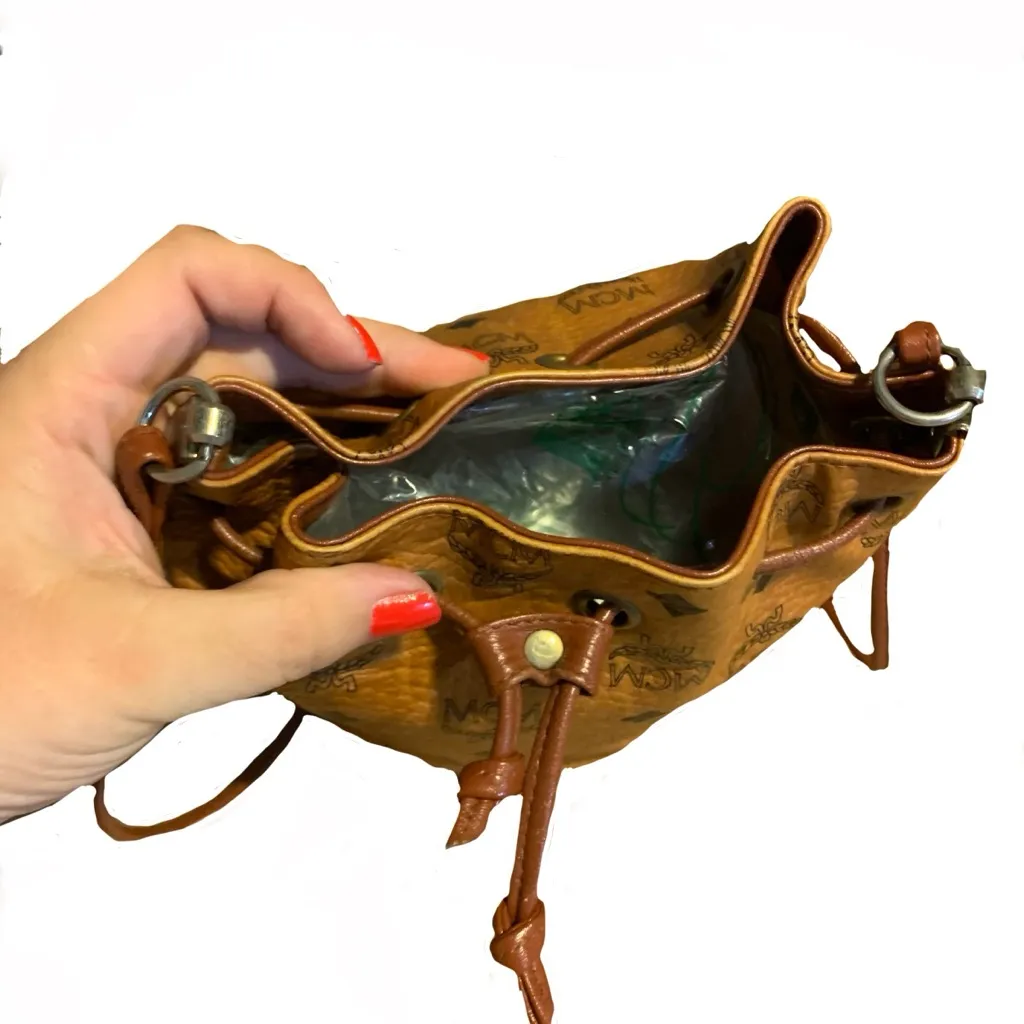 MCM COGNAC VISETOS COATED CANVAS LEATHER TRIM BUCKET BAG W/DRAWSTRING CLOSURE - Image 12