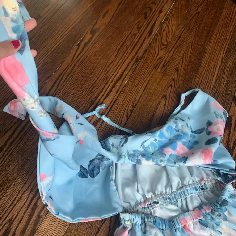 floral blue jumpsuit romper with pink and white flowers summer spring Size M - Image 3