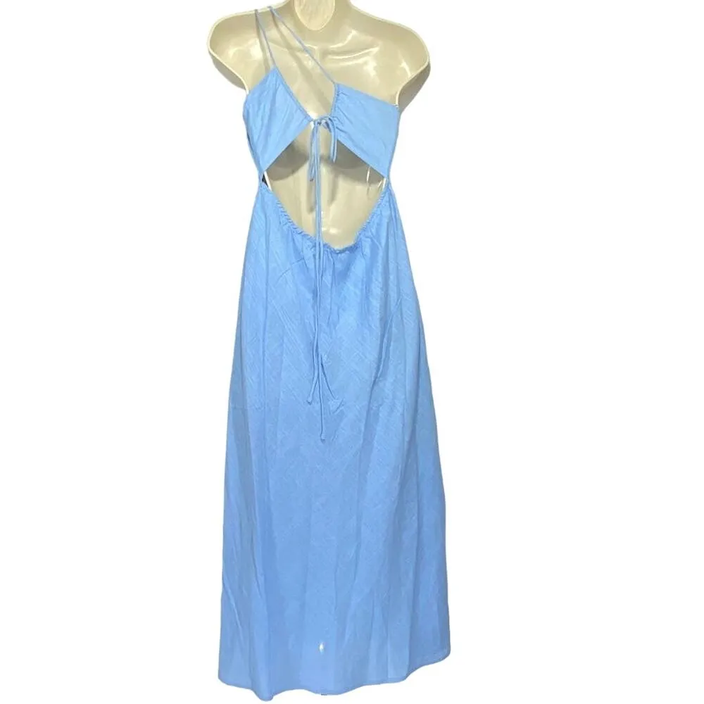 Fortunate One Blue One Shoulder Linen-blend Maxi Dress women sz L - Image 4