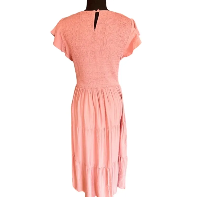 ZESICA Smocked Flutter Sleeve Cottagecore Romantic Midi Dress – Pink – Size L Size L - Image 3