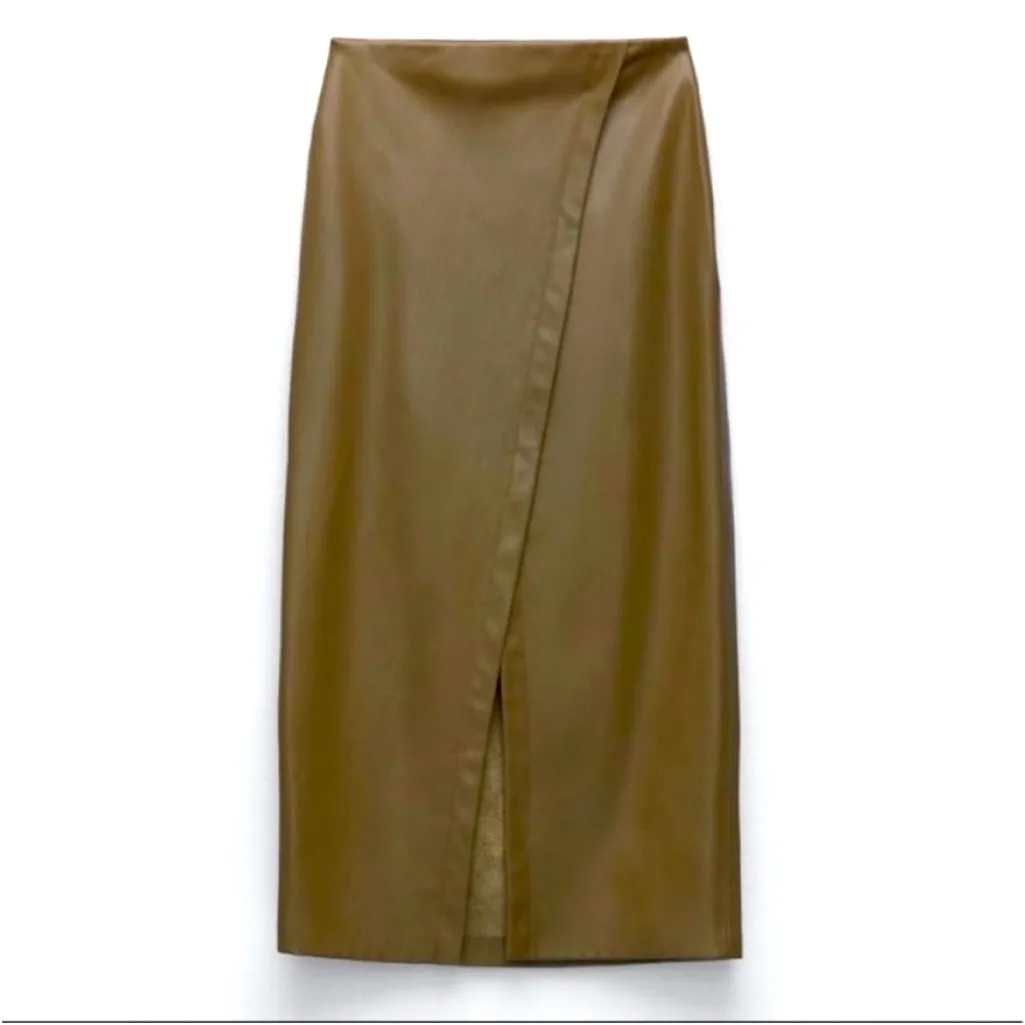 Zara Vegan Faux Leather Olive Green Pencil Skirt - M split front -viral skirt - Image 4