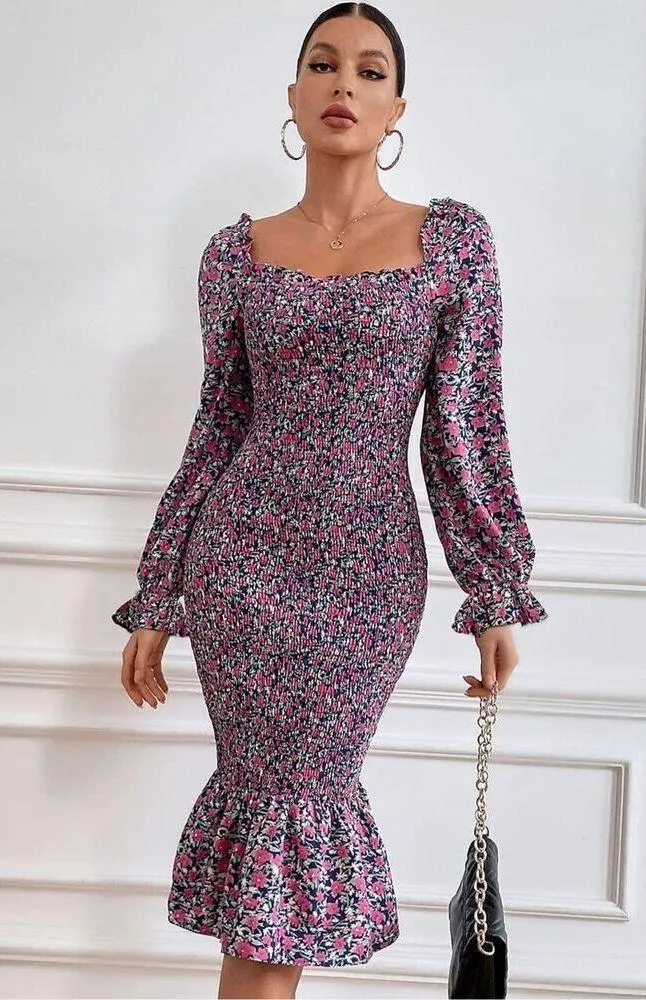 NEW PRETTYGARDEN Square Neck Ruffle Mermaid Smocked Dress M - Image 2