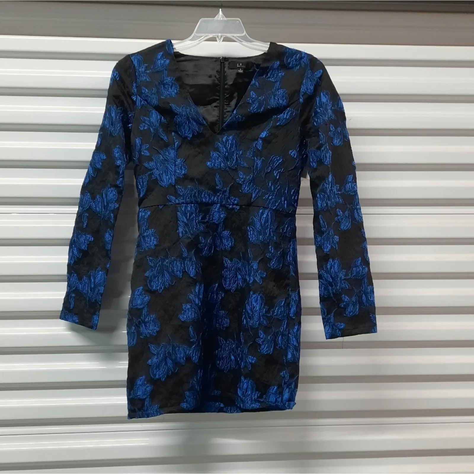Lulus Womens Dress Size Small Black Blue Floral Jacquard Long Sleeve Mini Party - Image 4