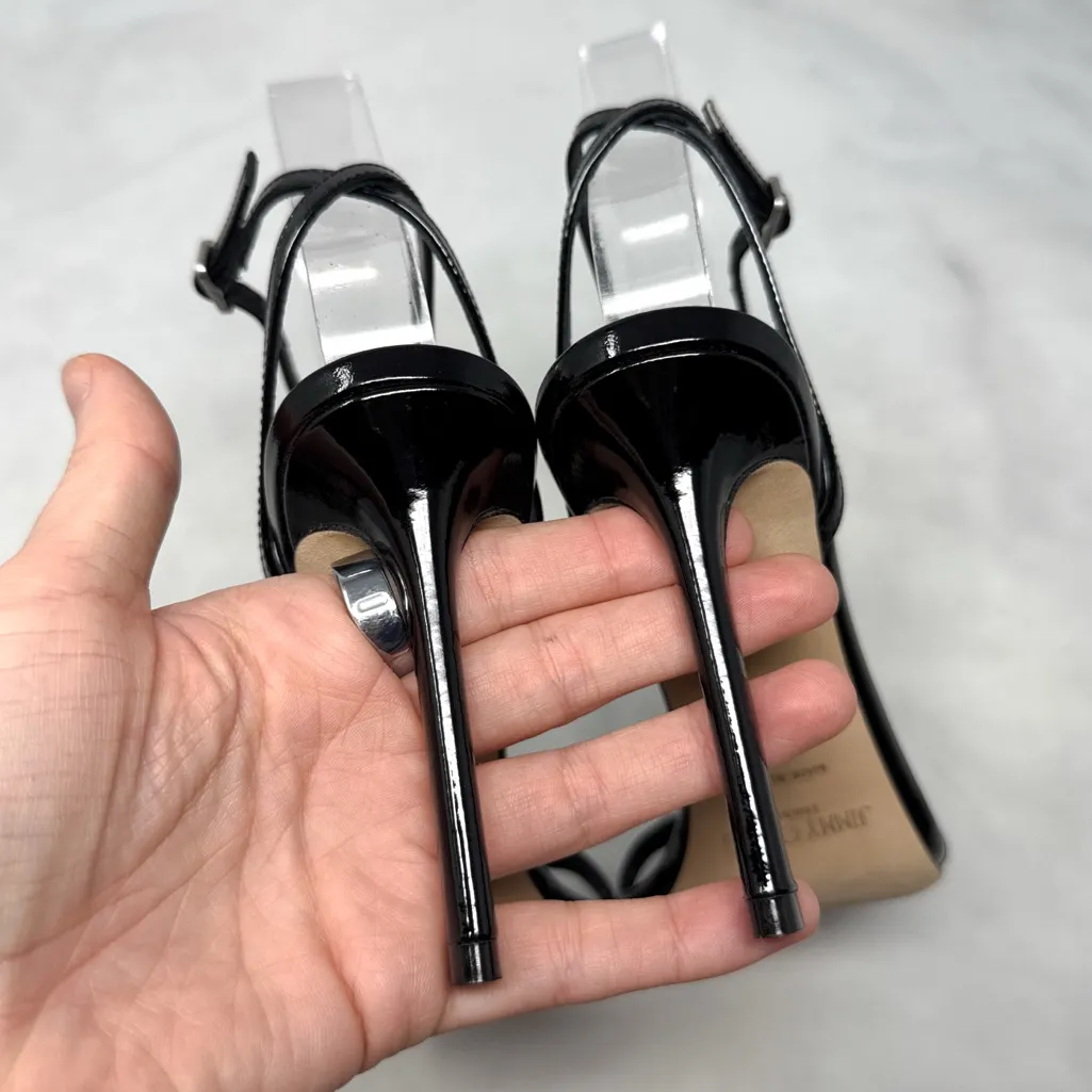 NEW Jimmy Choo Jaxon 95 Patent Leather Metal Logo Bar Square Toe Sandal Heels - Image 11