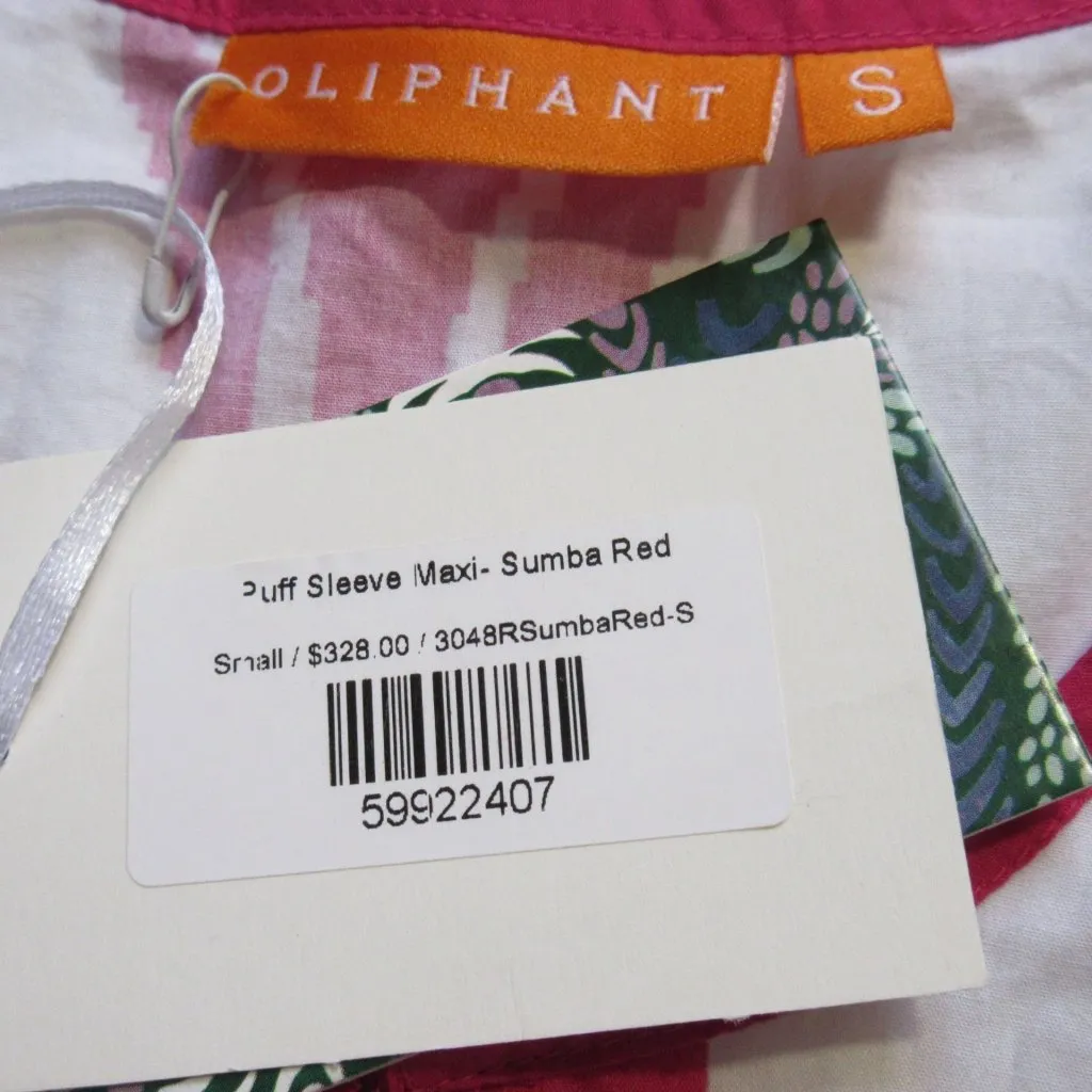NWT Oliphant Puff Sleeve Maxi in Sumba Red Ikat Floral Cotton Dress S $328 - Image 4
