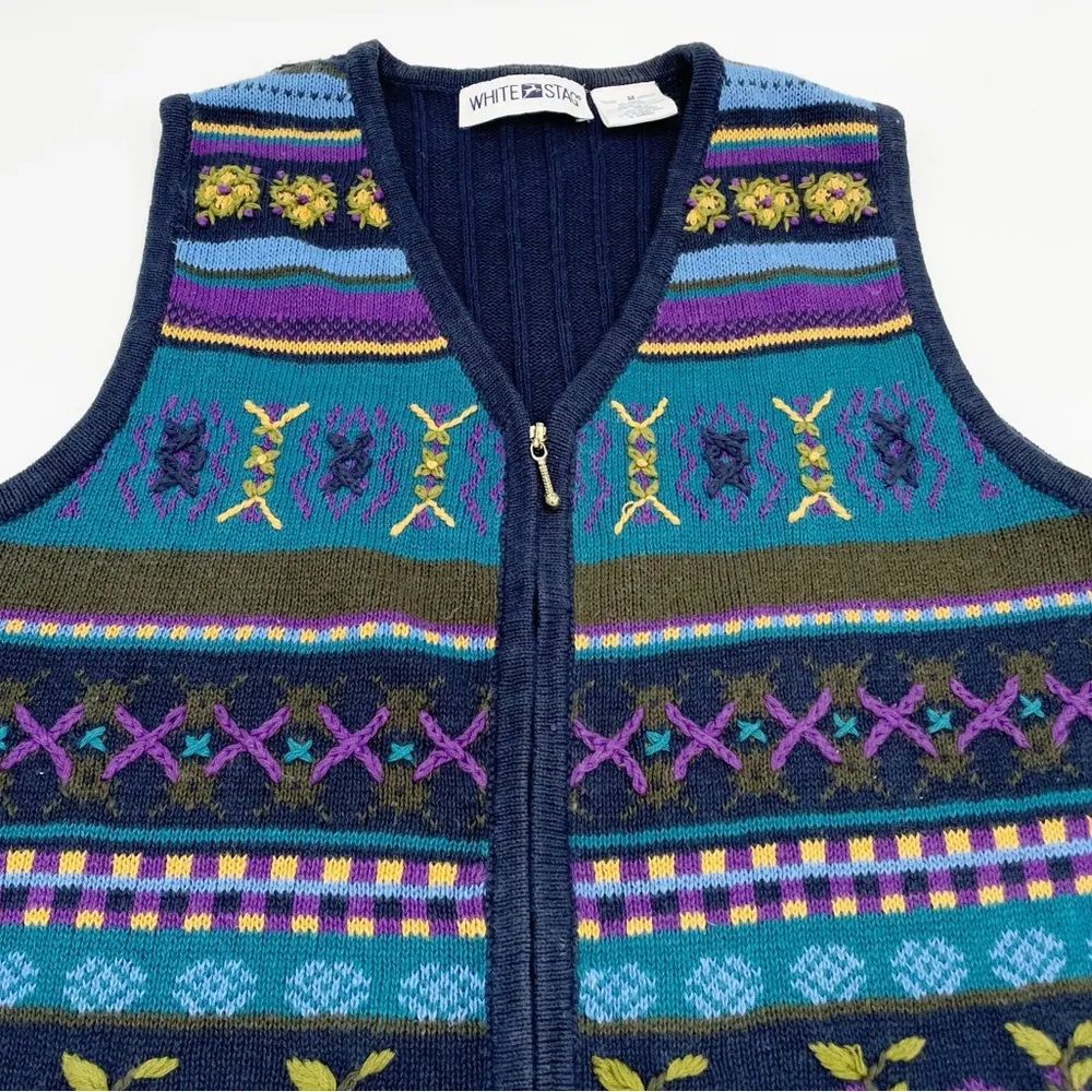 Vintage 90s White Stag Knit Sweater Vest Navy Blue Floral Eclectic Size Medium - Image 3