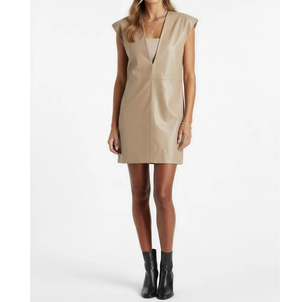 GANNI Lamb Leather Sleeveless Dress, Fossil, FR36/US4 - Image 4