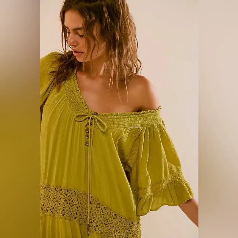 Free People Dream On Maxi Dress Olive Gilded Line Size S - Image 6