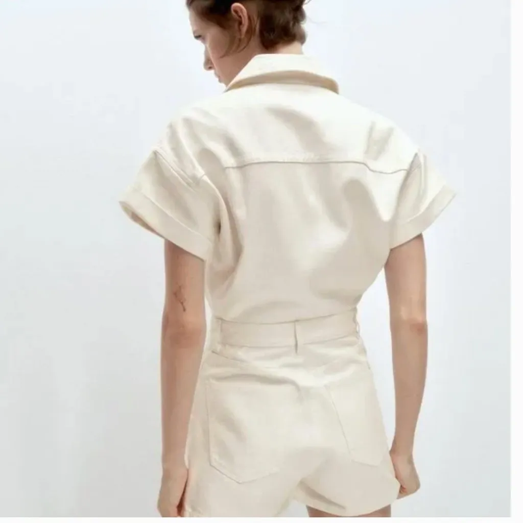 NWT ZARA DENIM TRF SHIMMERY PLAYSUIT Oyster  White Medium Bloggers Fave - Image 4