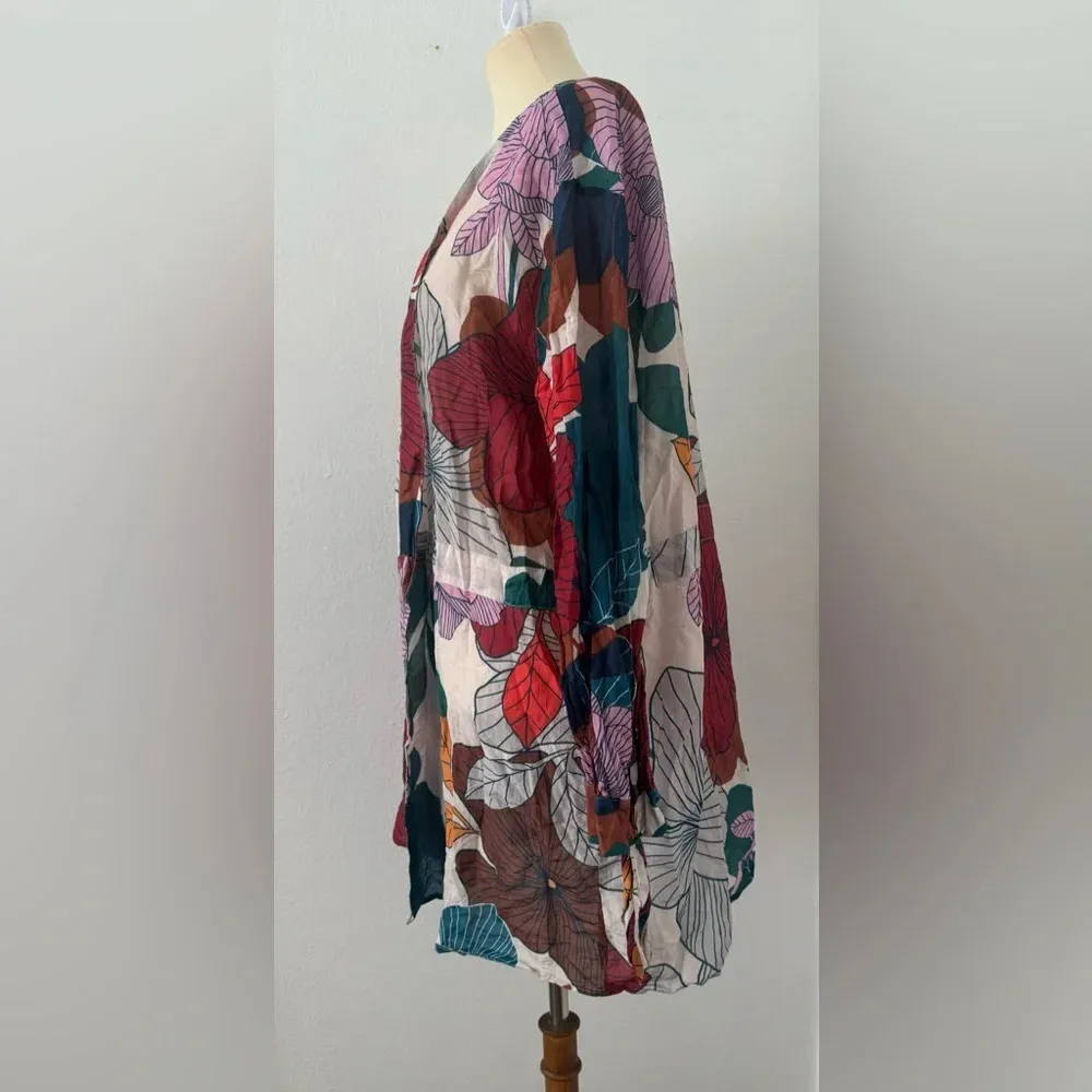 Annie + Otis Silk Cotton Tropical Print Open Front Cardigan Coverup Oversized Lg - Image 4