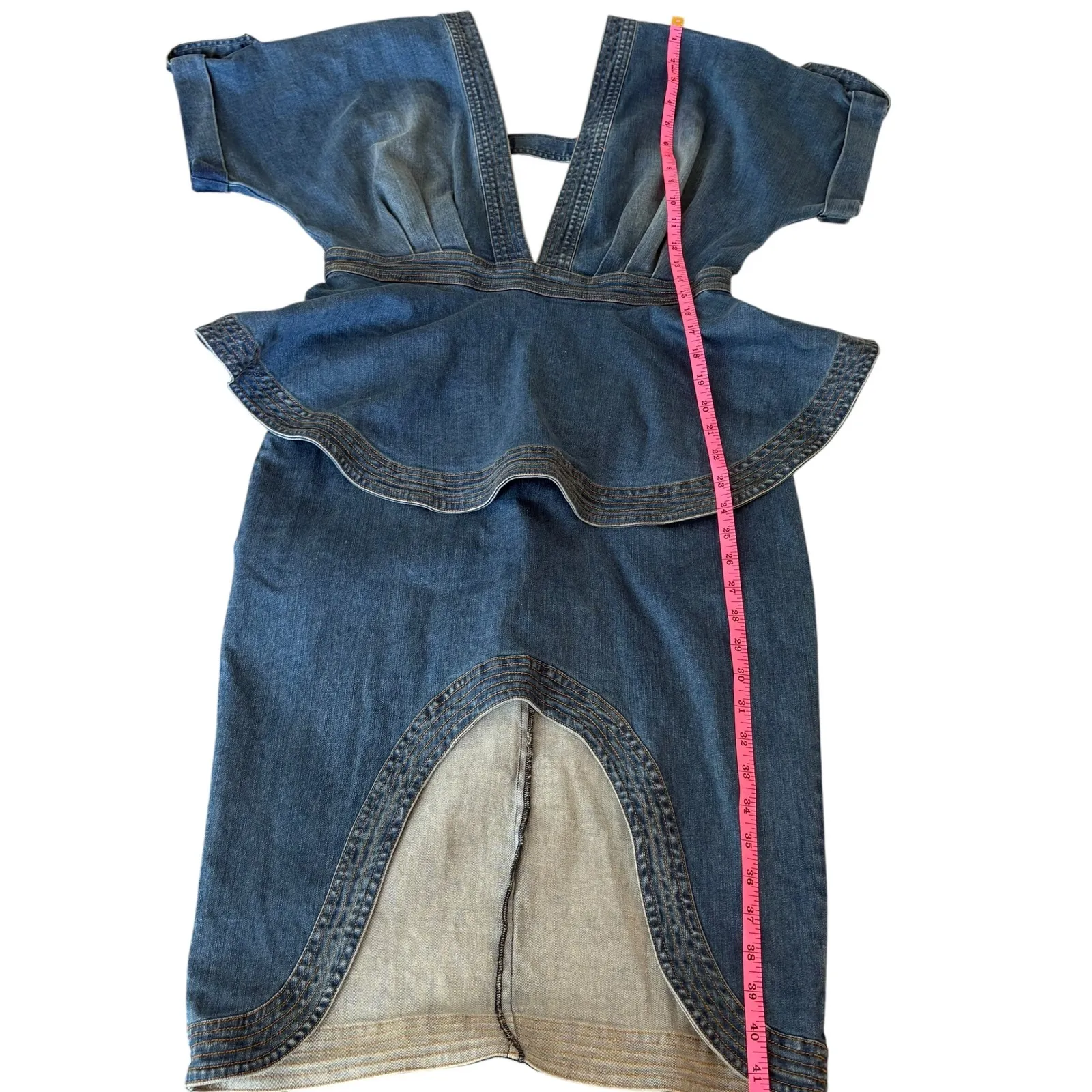 L'ATISTE by Amy Denim Dress Peplum V Neck Short‎ Sleeve Pencil Skirt Blue Large - Image 8