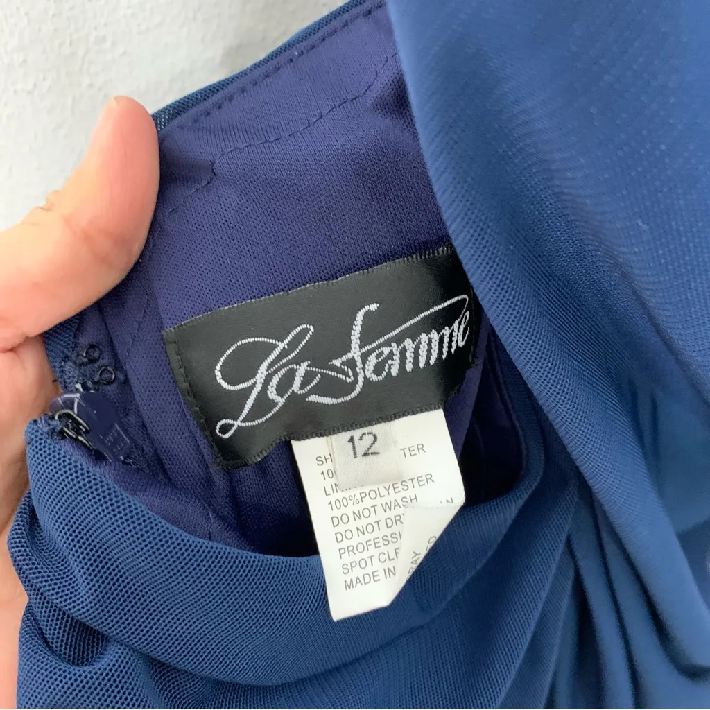 La Femme 12 Surplice Front Strappy Tie Back Ruch Jersey Gown Aegean Blue - Image 4