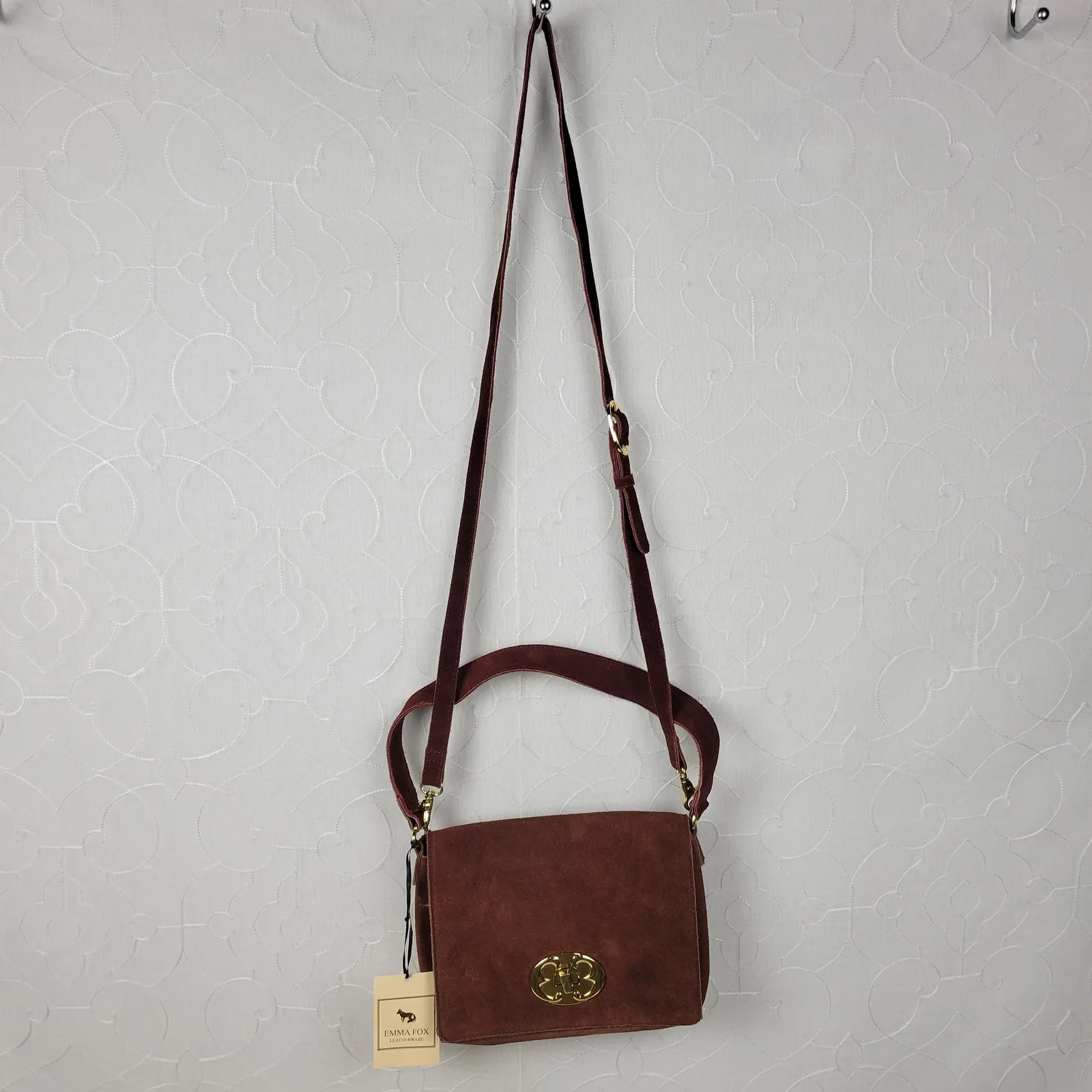 Emma Fox Womens Crossbody Shoulder Bag Burgundy‎ Suede Leather Boxy Flap NEW - Image 11