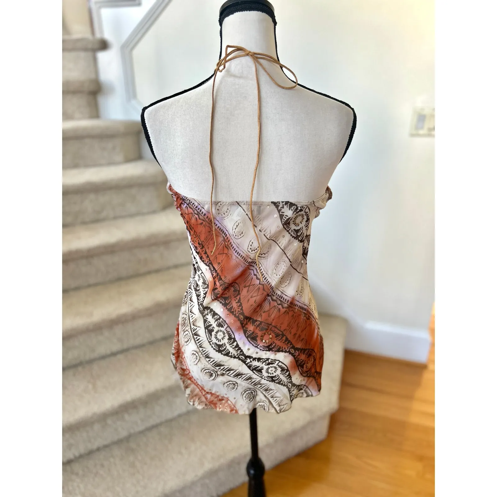 Vintage Y2K Brown White Boho Paisley Baby Doll Halter Tie Top - Image 3