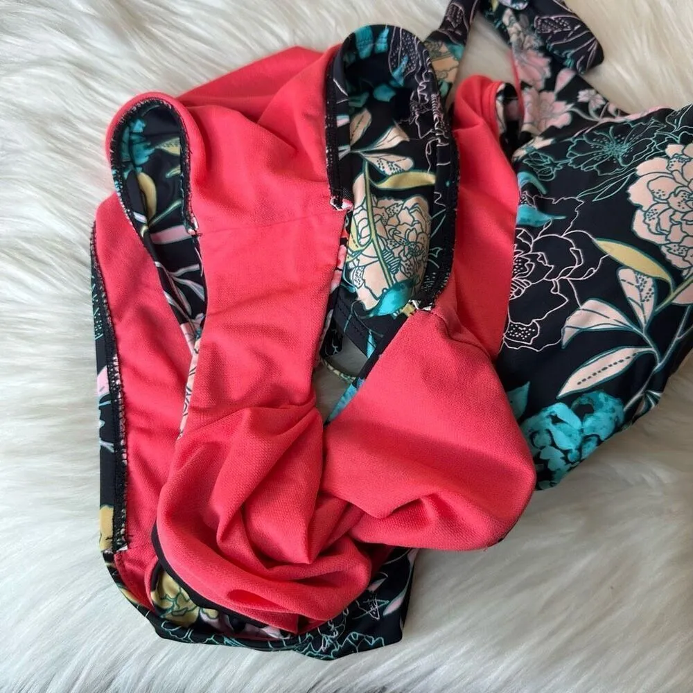 Bar Ill Rose Garden Twist Front Cut-Out Black Floral Halter One-Piece Swimsuit M - Image 4