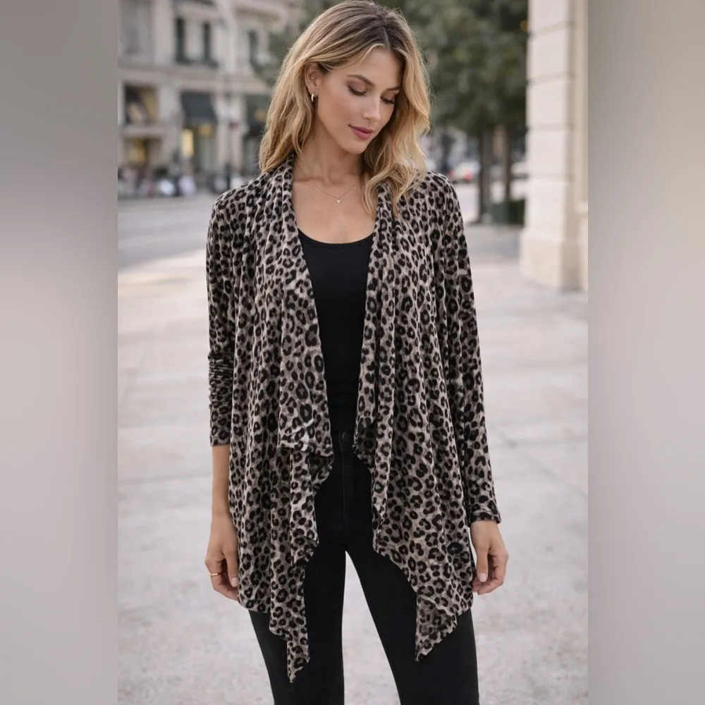 Calvin Klein Leopard Print Waterfall Cardigan L Animal Print Mob Wife Chic - Image 2