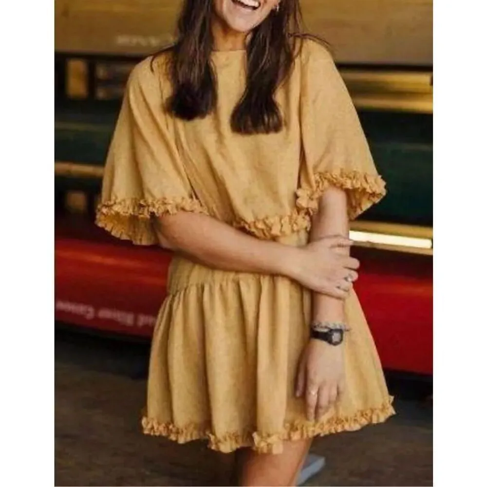 Princess Polly‎ Astro Mini Dress Mustard Gold Yellow Textured Tiered Ruffle Size - Image 5