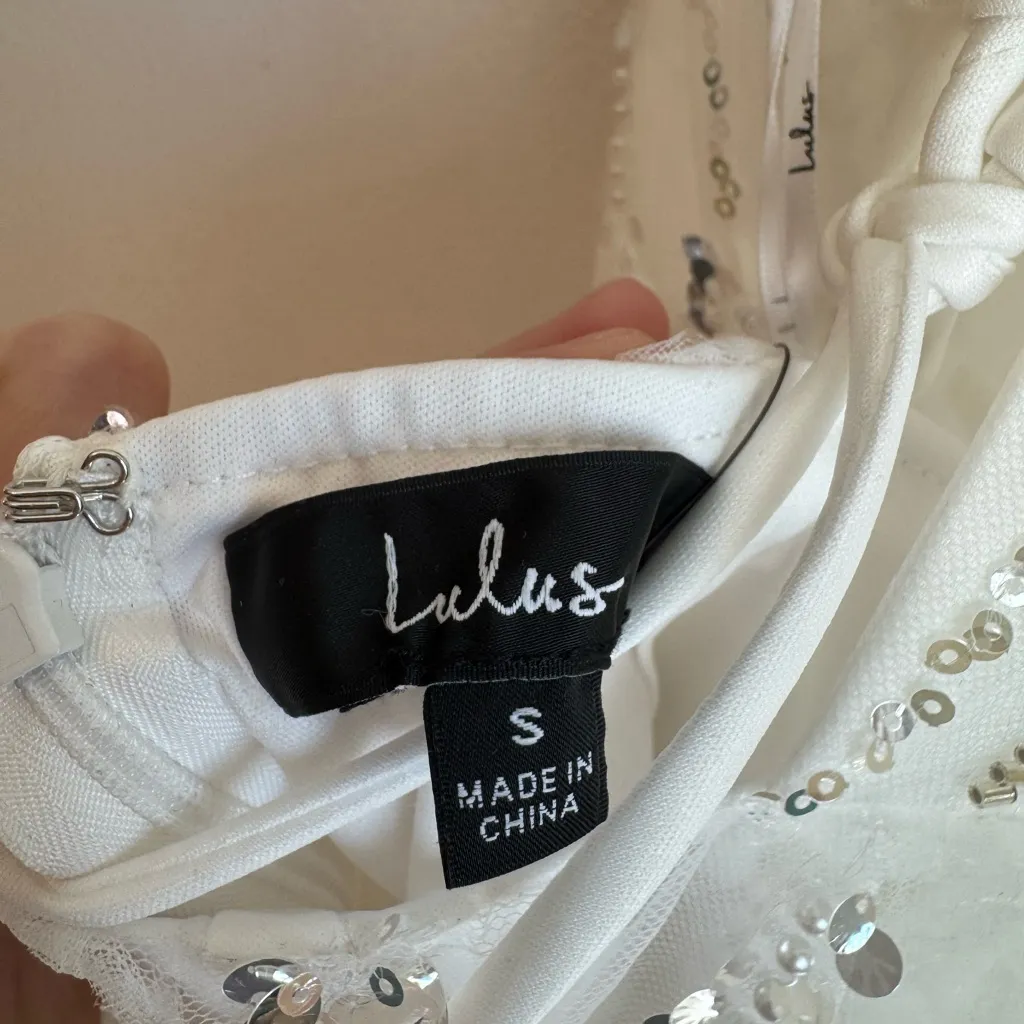 NWT Lulus Sparkly Icon White Tulle 3D Floral Sequince Lace-up Mini Dress - Image 11