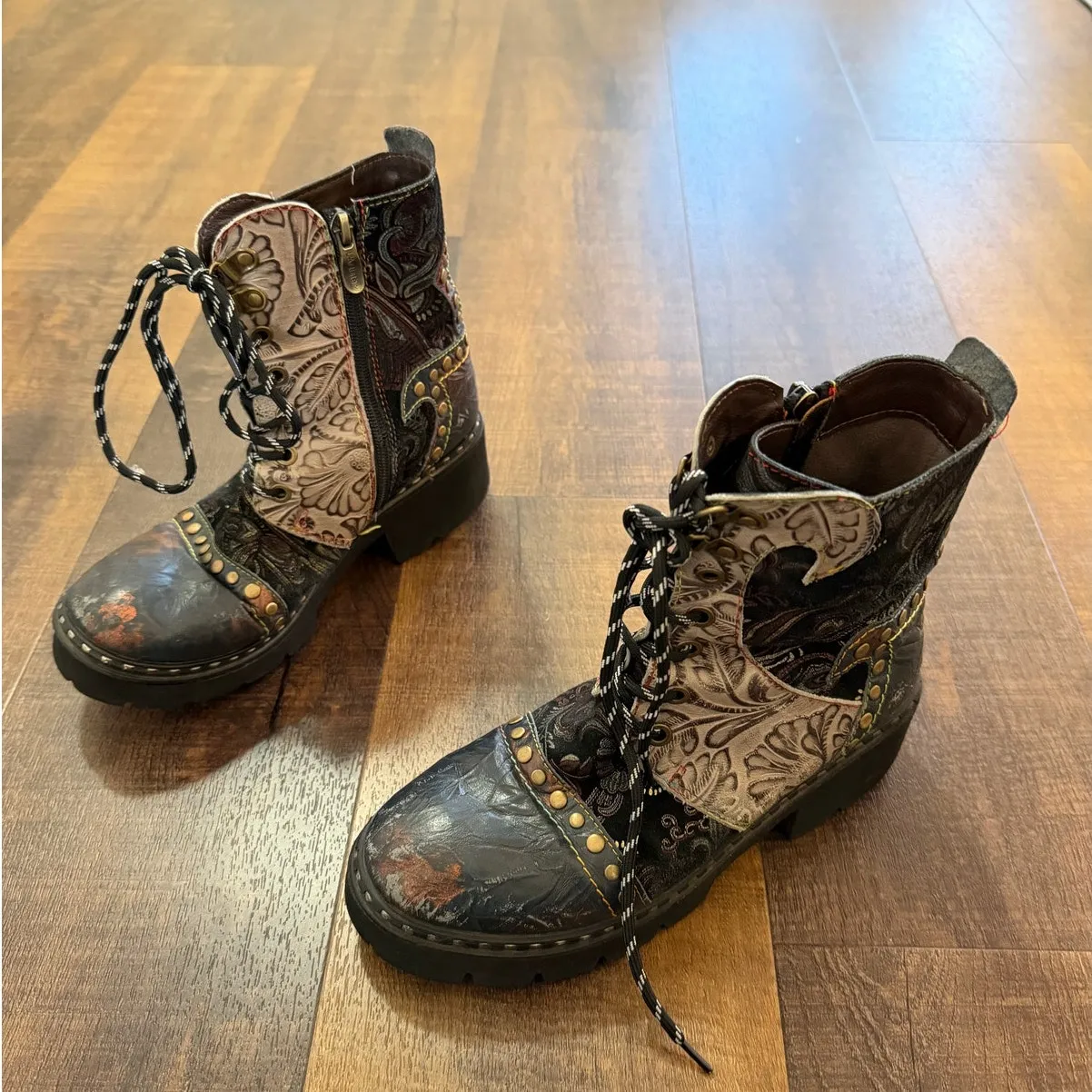 L’artiste by Spring Step Severe Ankle Boots Leather Patchwork Chunky Heel 37 - Image 4