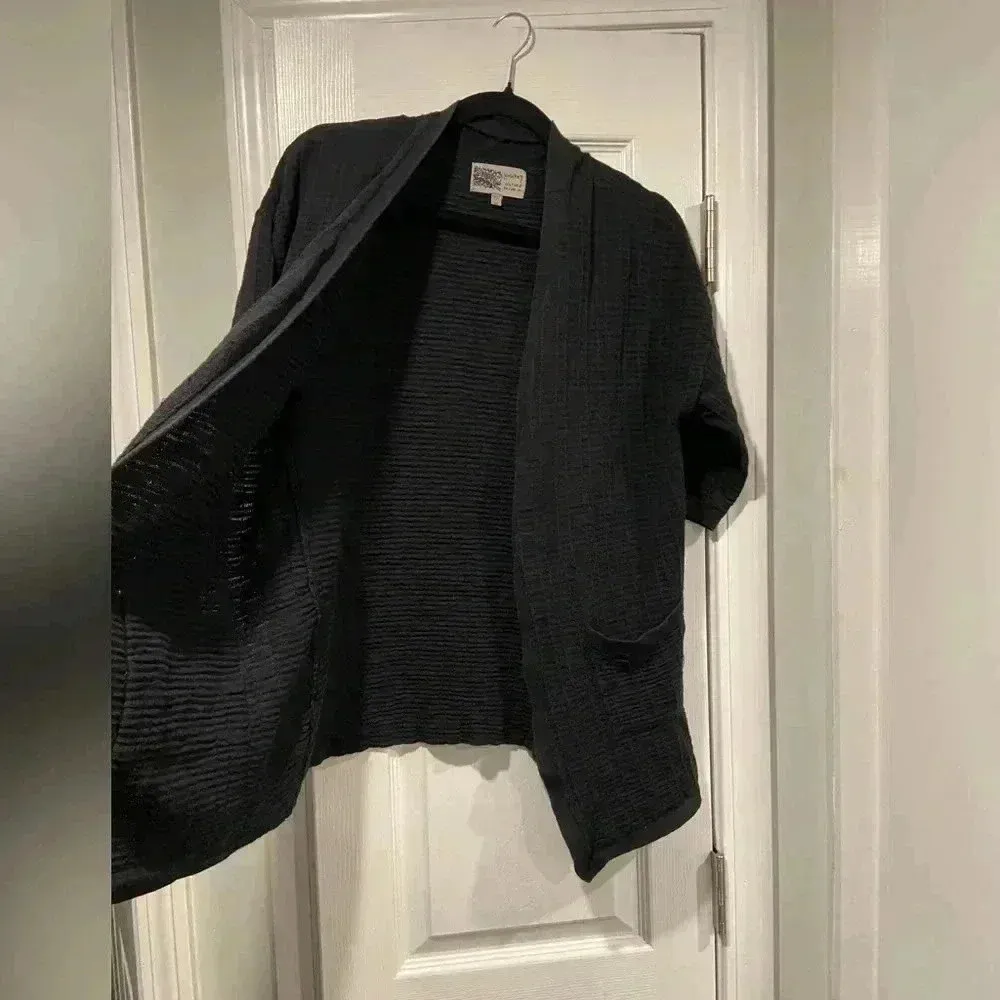 Habitat Black Waffle Linen Blend Short Sleeve Open Cardigan Pockets Size XS - Image 3