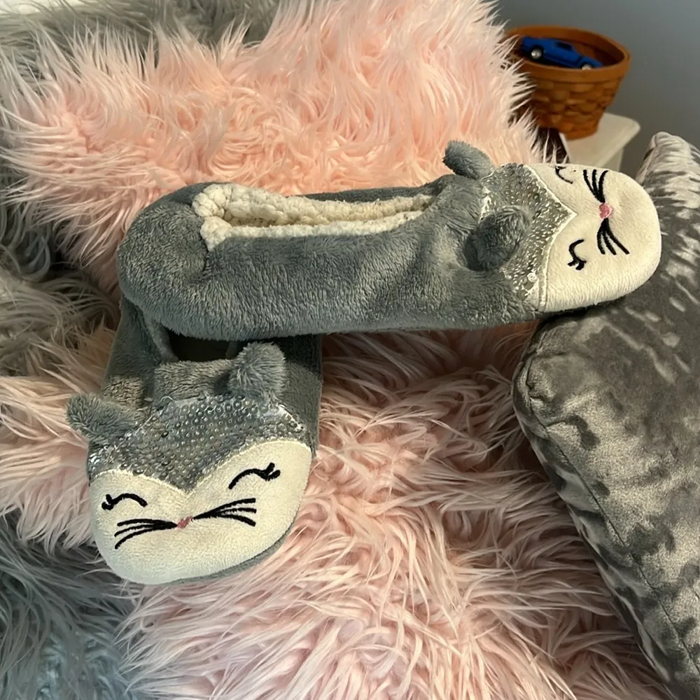 Kitty Cat Slippers Gray Plush Sequins House Shoes Lounge Dorm Womens 8 9 - Image 5