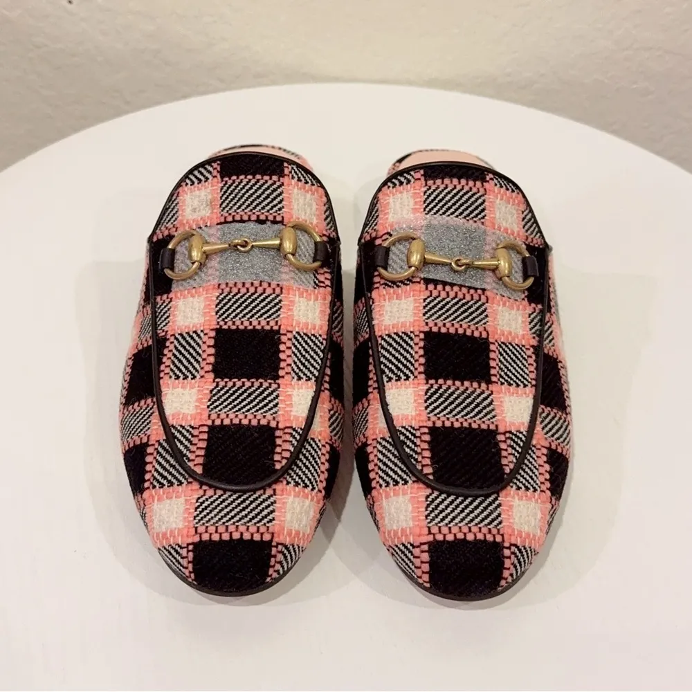 Gucci Princetown Fancy Tweed Check Damier Black Pink Woven Mules NIB Size 36 - Image 2