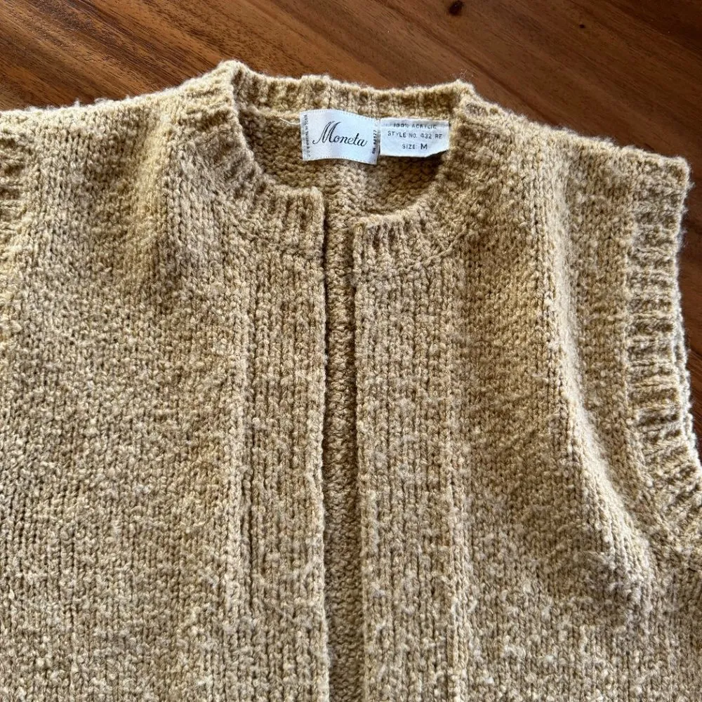 Vintage Acrylic Beige Open‎ Sweater Cardigan Moneta 80s M Vest Tan Size M - Image 8