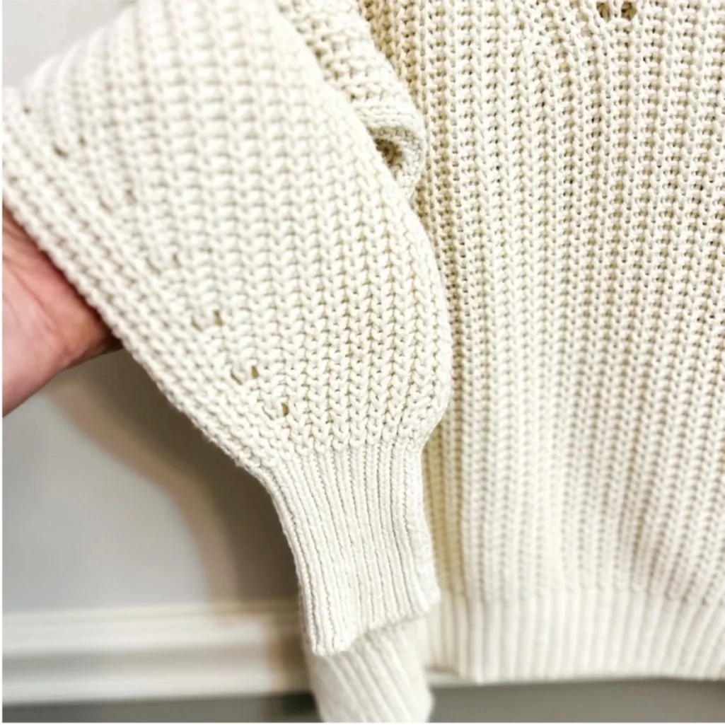 La Ligne Ivory Cream Cable Knit Balloon Sleeve Crew Neck Sweater Extra Small Size XS - Image 8