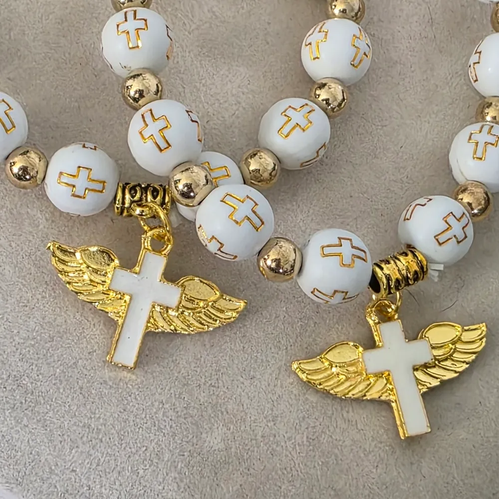 Set of 2 White and Gold Bead Cross with Wing Cross Charm Bracelet - Image 3