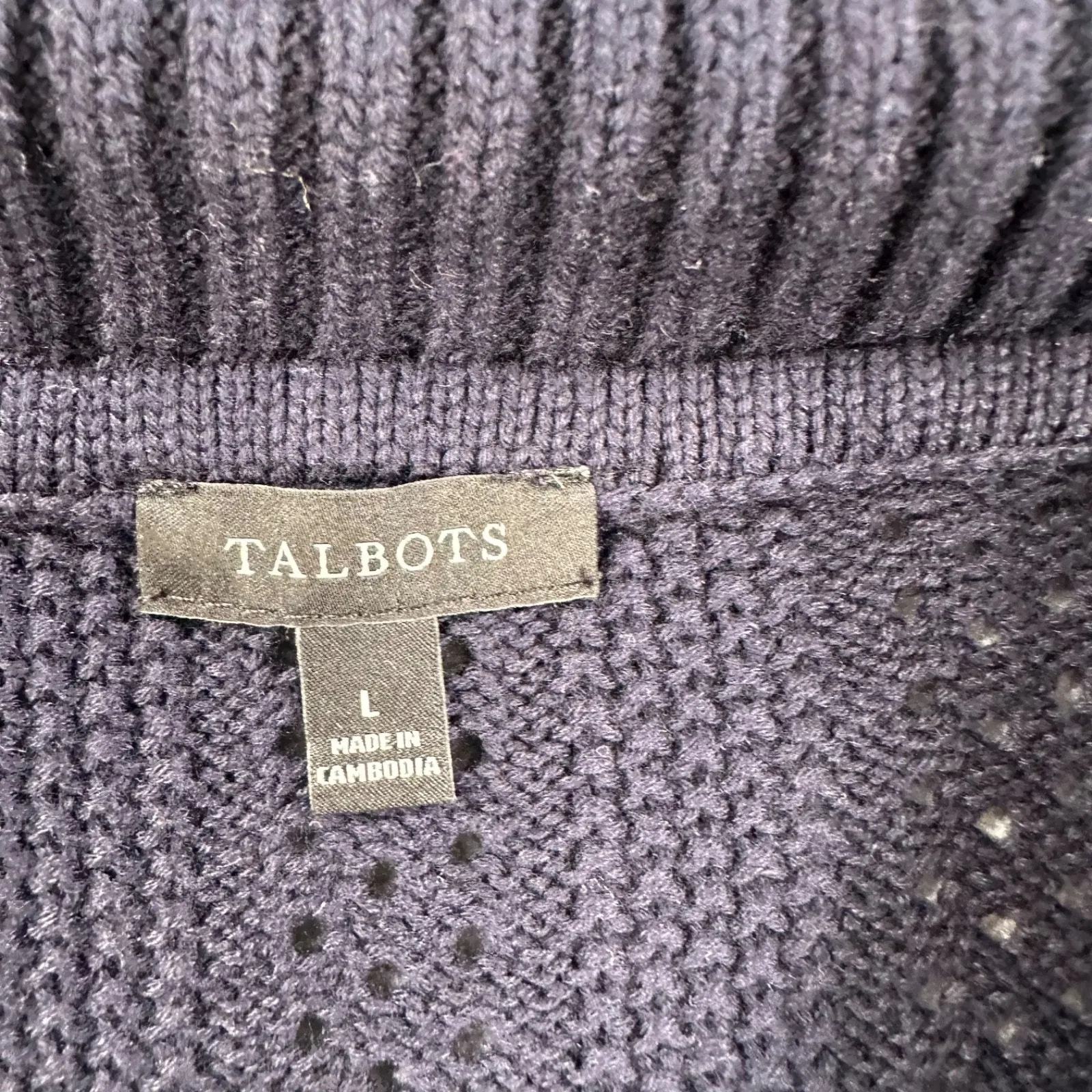 Talbots Open Knit Johnny Collar Sweater Women's Large Navy Blue/White Stripe - Image 4