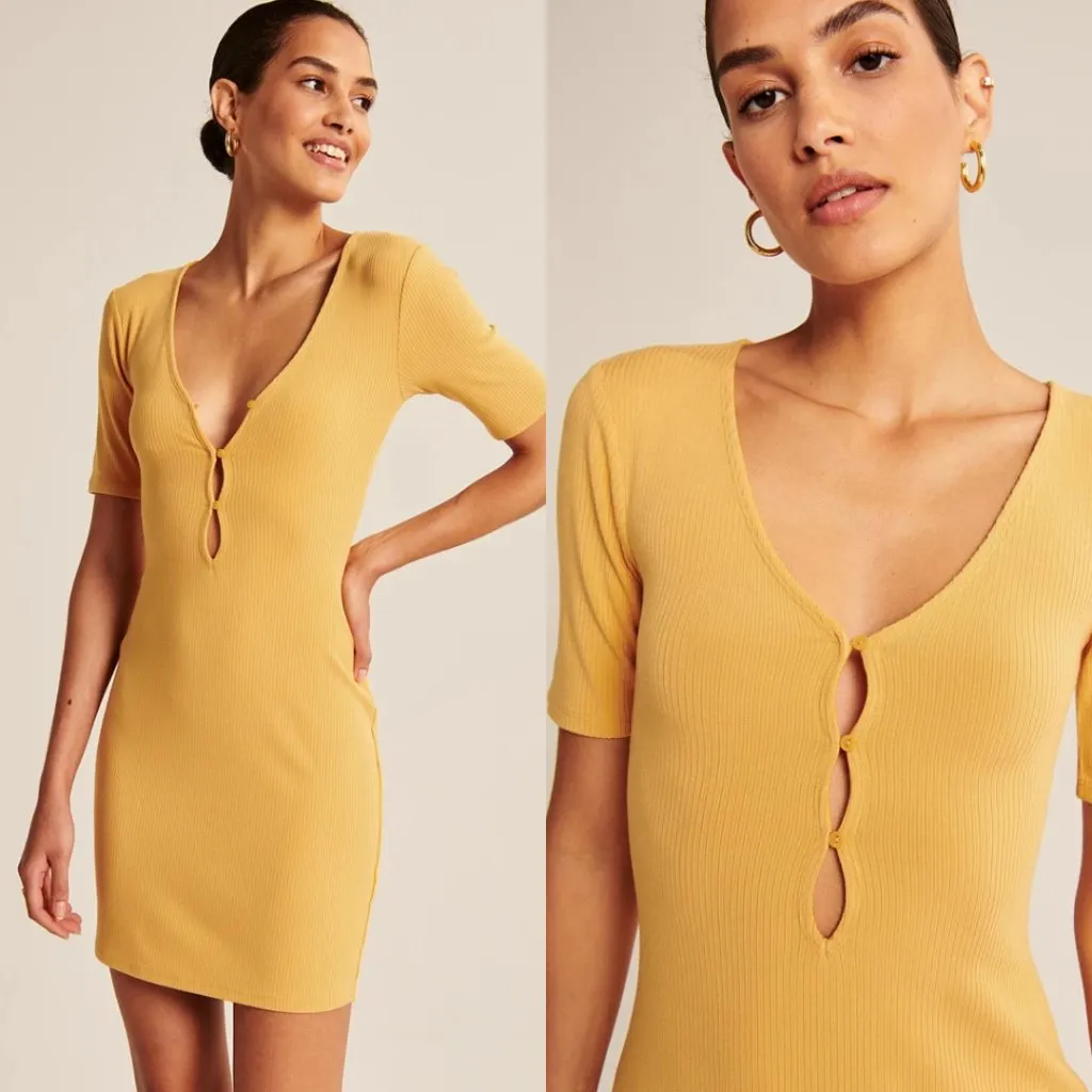 Abercrombie | NWT Triple Keyhole‎ Knit Mini Dress in Yellow Size Large - Image 2