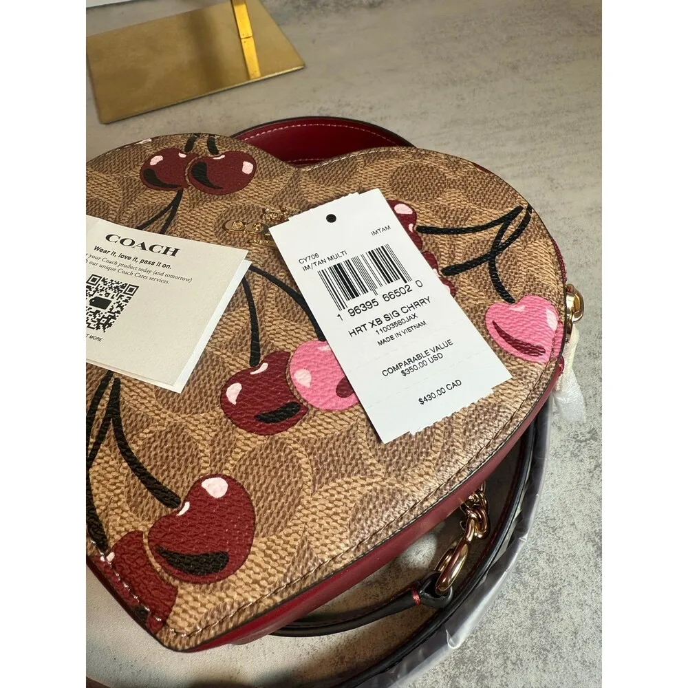 Coach Cherry Print Heart Crossbody Brown Bag - Leather Purse, Gift-Ready! - Image 3