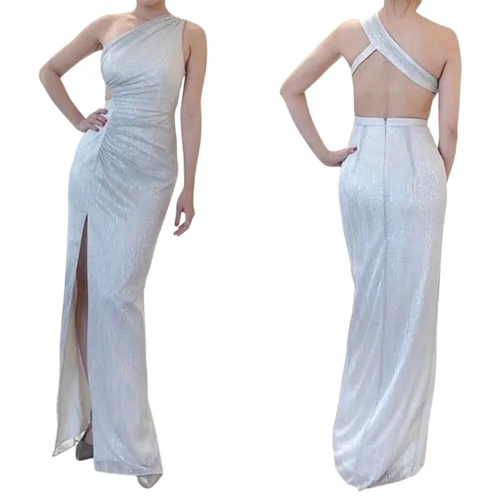 Aidan Mattox Silver Metallic One Shoulder Dress Formal Ruched Maxi Slimming Prom - Image 3